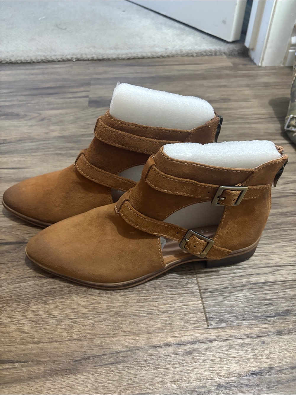 Chinese Laundry Tan Suede Cutout Ankle Booties with Buckles